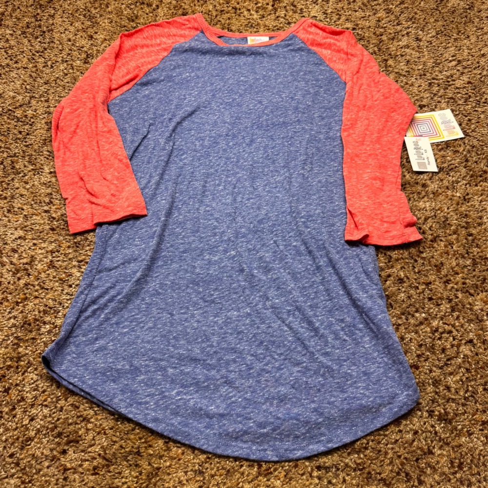 LuLaRoe Randy Baseball Tee Womens XS Blue Coral Red Heathered 3/4 Raglan Sleeve